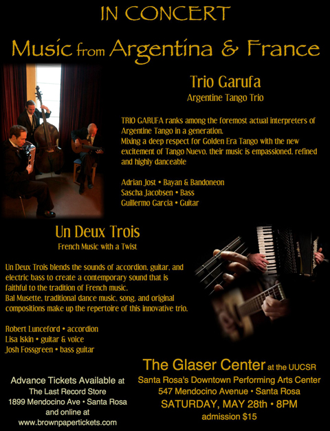 The PickPocket Ensemble & Un Deux Trois in concert on Saturday, November 15th, at the Glaser Center